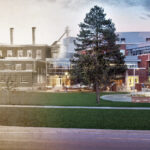 A photo illustration of a historic photo of the Powerhouse transforming into the new building