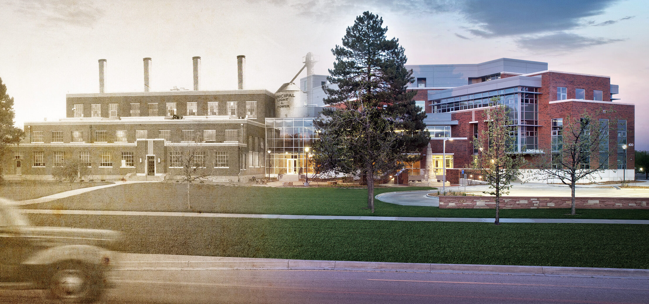 A photo illustration of a historic photo of the Powerhouse transforming into the new building