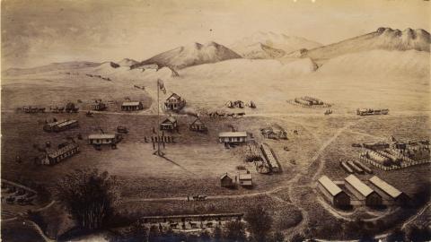 Drawing of Camp Collins along the Cache la Poudre River