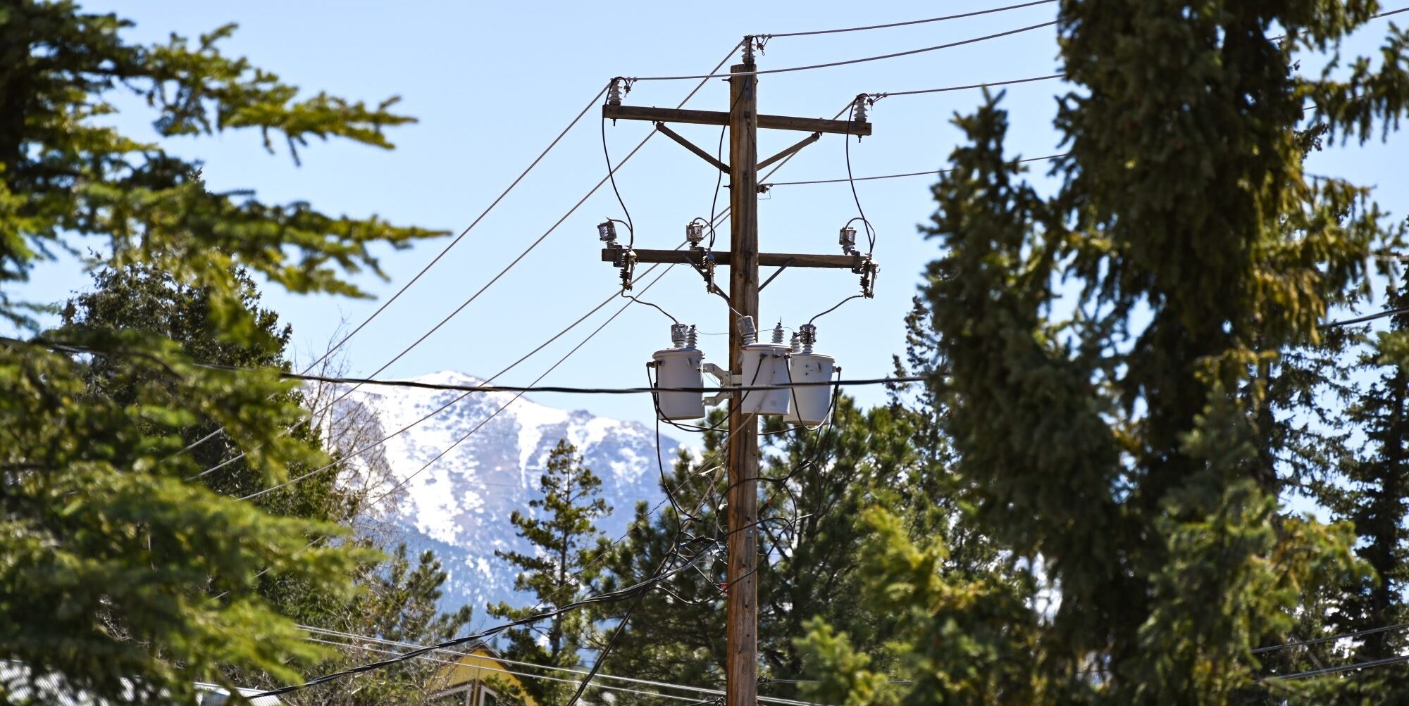 A powerline with trees and mountains