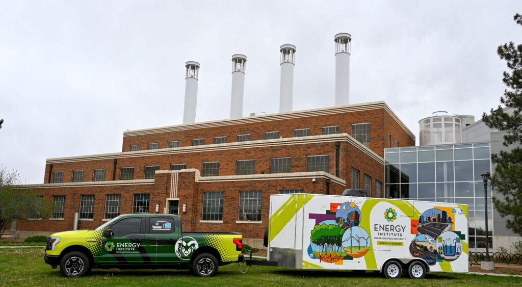 The mobile classroom in front of the Powerhouse Energy Campus