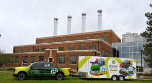 The mobile classroom in front of the Powerhouse Energy Campus