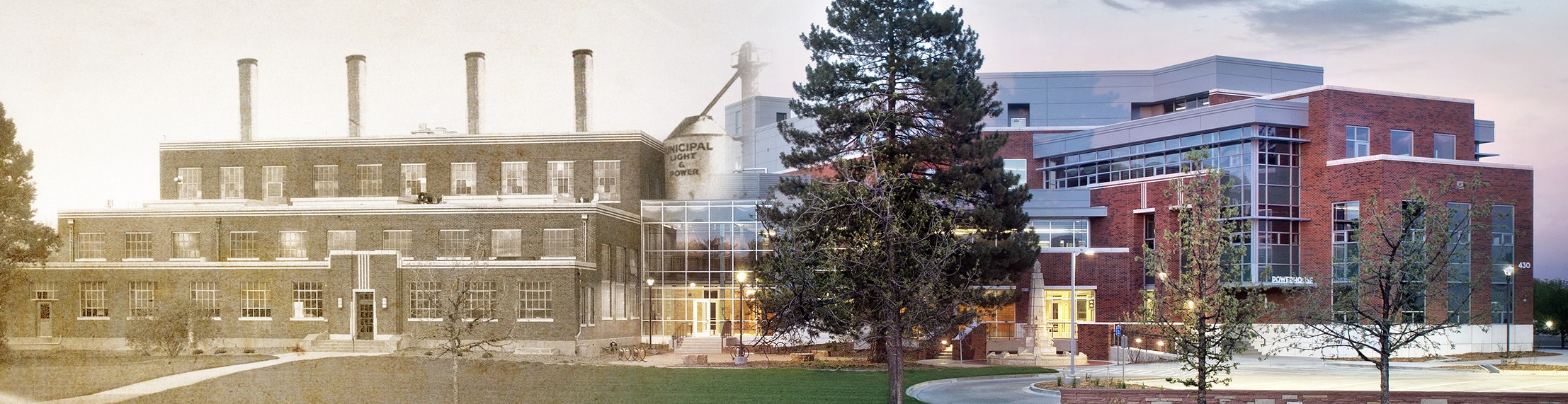 Two photos combined: one a historic photo of the coal plant and a newer photo of the Powerhouse addition.